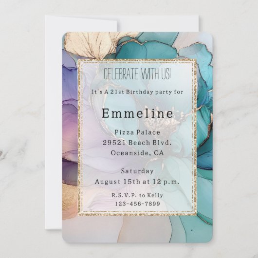 Aqua Blue Paarse Gouden Bloemen Glitter Verjaardag Kaart (Voorkant)