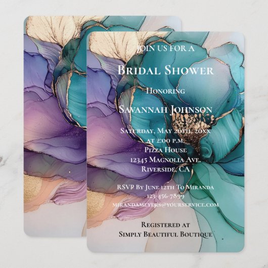 Aqua Blue Paarse Gouden Bloemen Vrijgezellenfeest Kaart (Voorkant / Achterkant)