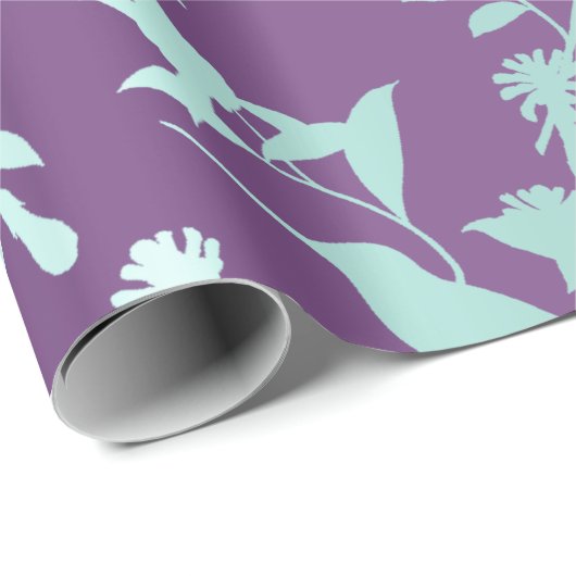 Aqua Blue Paarse Hummingbird Flowers Cadeaupapier (Rol Hoek)