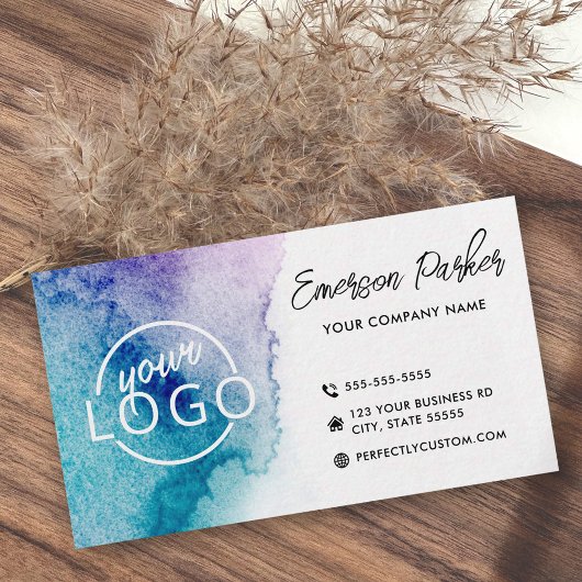 Aqua blue paarse waterverf aangepaste logo minimal visitekaartje