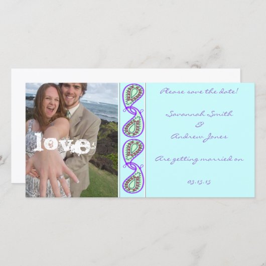 Aqua Blue Paisley Bewaar de datum met jouw foto Save The Date (Voorkant / Achterkant)