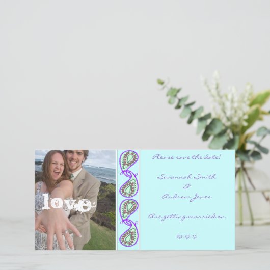 Aqua Blue Paisley Bewaar de datum met jouw foto Save The Date (Staand voorkant)