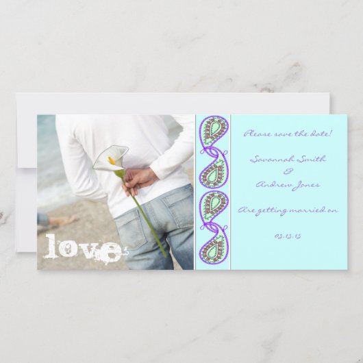 Aqua Blue Paisley Save the Date met jouw foto (Voorkant)
