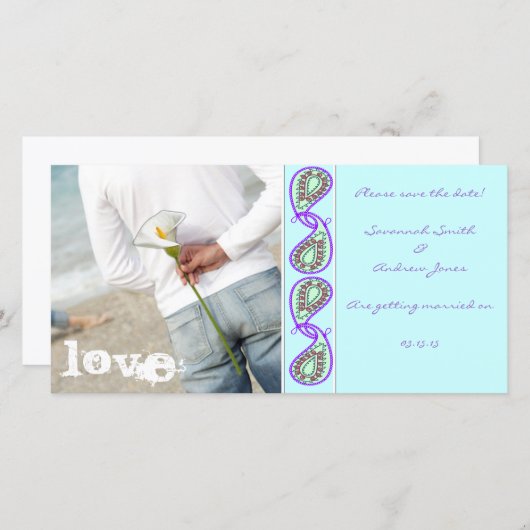 Aqua Blue Paisley Sparen de Datum met Uw Foto Save The Date (Voorkant / Achterkant)