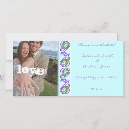 Aqua Blue Paisley Uw Afspraak met Uw Foto Save The Date (Voorkant)