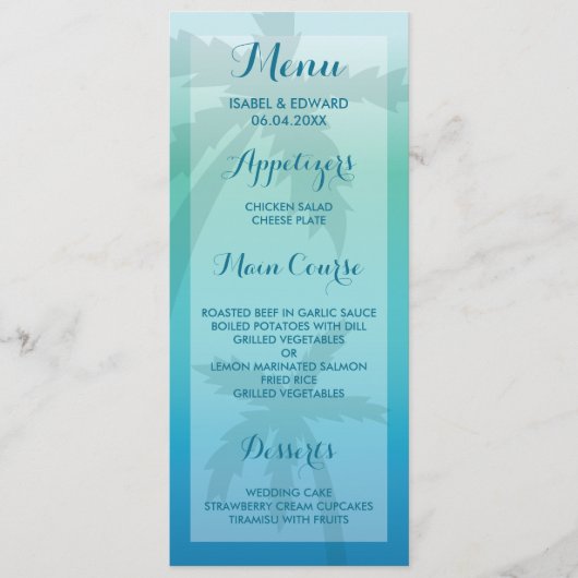 Aqua Blue Palm Tree Tropical Wedding Menu (Voorkant)