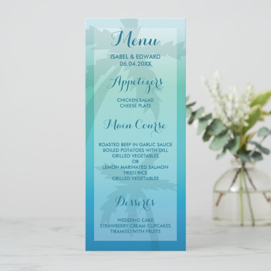Aqua Blue Palm Tree Tropical Wedding Menu (Staand voorkant)