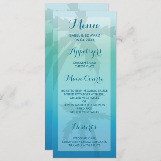 Aqua Blue Palm Tree Tropical Wedding Menu (Voorkant / Achterkant)