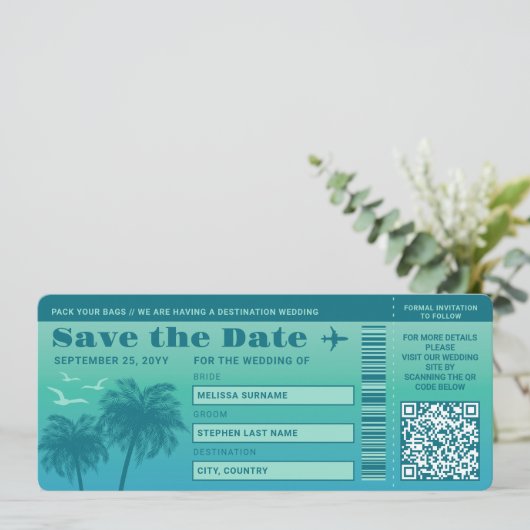 Aqua Blue Palms Faux Boarding Pass Save The Date Kaart (Staand voorkant)