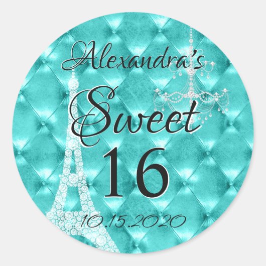 Aqua Blue Paris Sweet Zestien Verjaardagsfeest Ronde Sticker (Voorkant)
