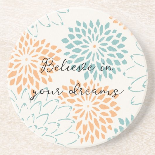 Aqua Blue Peach White Floral Zandsteen Onderzetter (Voorkant)