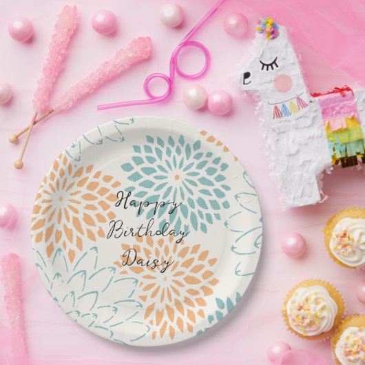 Aqua Blue Peach Witte Bloemen Verjaardag Papieren Bordje (Feest)