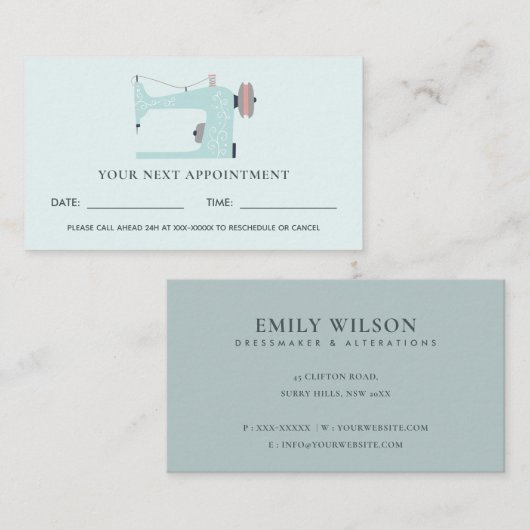 AQUA BLUE PINK SEWWING MACHINE TAILOR APPOINTMENT VISITEKAARTJE (Voorkant / Achterkant)