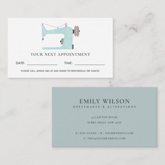 AQUA BLUE PINK SEWWING MACHINE TAILOR APPOINTMENT VISITEKAARTJE (Voorkant / Achterkant)