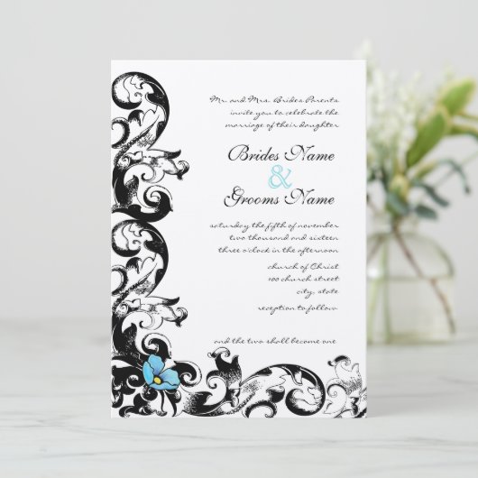 Aqua Blue Poppy Floral Swirl Wedding Kaart (Staand voorkant)