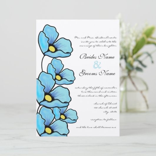Aqua Blue Poppy Flowers Wedding Invitation Kaart (Staand voorkant)