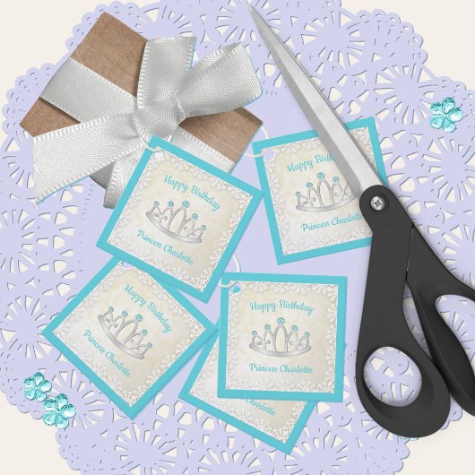 Aqua Blue Princess Tiara Birthday Bedankjes Labels