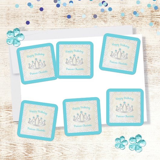 Aqua Blue Princess Tiara Birthday Party Stickers