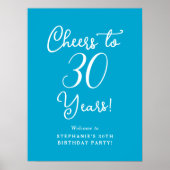 Aqua Blue Proost 30 jaar Verjaardag Welkomstbord Poster (Voorkant)