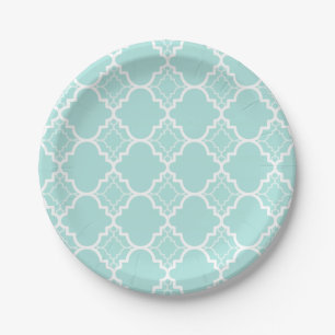 Aqua Blue Quatrefoil Geometric Pattern Papieren Bordje
