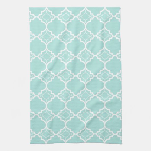 Aqua Blue Quatrefoil geometrisch patroon Theedoek (Verticaal)