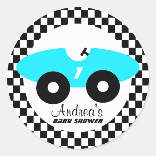 Aqua Blue Race Car Baby shower Ronde Sticker (Voorkant)
