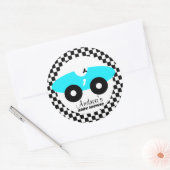 Aqua Blue Race Car Baby shower Ronde Sticker (Envelop)