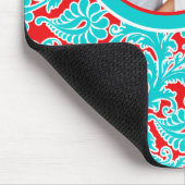 Aqua Blue, Red en White Damask Photo Mousepad Muismat (Hoek)