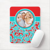 Aqua Blue, Red en White Damask Photo Mousepad Muismat (Met muis)