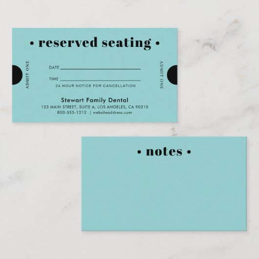 Aqua Blue Retro Gereserveerde Zitplaatsen Tandarts Afsprakenkaartje (Voorkant / Achterkant)