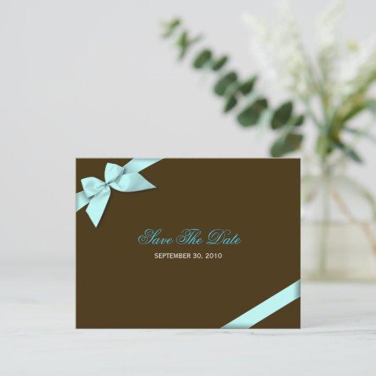 Aqua Blue Ribbon Save the Date Aankondiging (Staand voorkant)