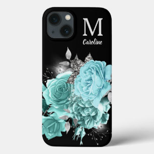 Aqua Blue Roos Silver Sparkle Bouquet Monogram Case-Mate iPhone Case