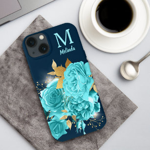Aqua Blue Roos Sparkle Bouquet Monogram Hoesje-Mat Case-Mate iPhone Case
