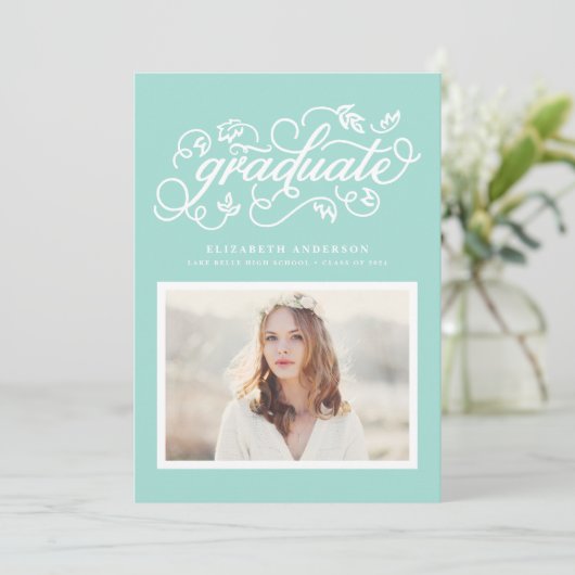 Aqua Blue Rustic Calligraphy Foto Afstuderen Kaart (Staand voorkant)