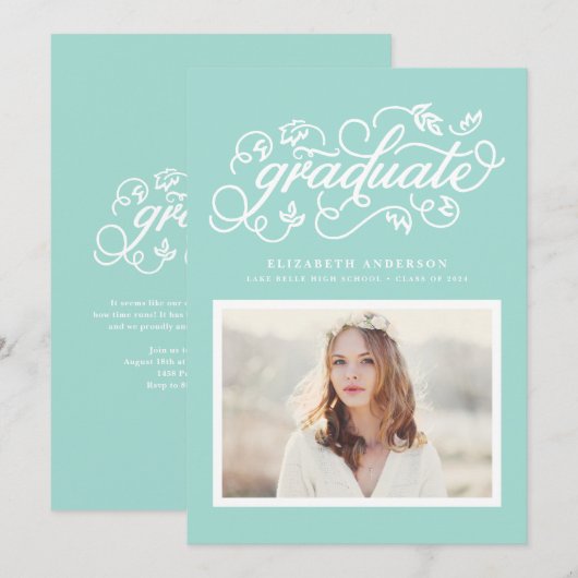 Aqua Blue Rustic Calligraphy Foto Afstuderen Kaart (Voorkant / Achterkant)