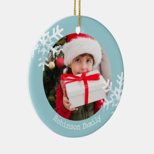 Aqua Blue Rustic Circle Fotoornament Snowflakes Keramisch Ornament (Rechts)