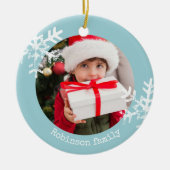 Aqua Blue Rustic Circle Fotoornament Snowflakes Keramisch Ornament (Voorkant)