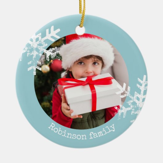 Aqua Blue Rustic Circle Fotoornament Snowflakes Keramisch Ornament (Voorkant)