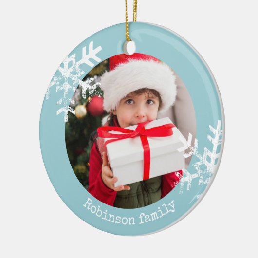 Aqua Blue Rustic Circle Fotoornament Snowflakes Keramisch Ornament (Links)