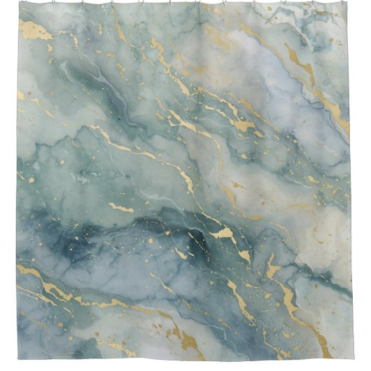 Aqua Blue Sage Green Gold Abstracte print Douchegordijn (Voorkant)