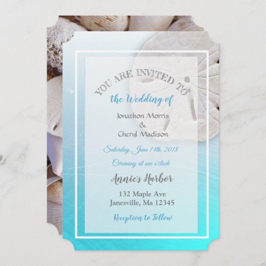 Aqua Blue Sand Dollar Thleding Wedding Invitations Kaart (Voorkant / Achterkant)