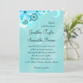 Aqua Blue Sapphire Floral Hibiscus Bruiloft uitnod Kaart (Staand voorkant)