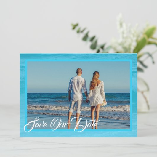Aqua Blue Save the Date Coastal Save the Date Kaar Kaart (Staand voorkant)