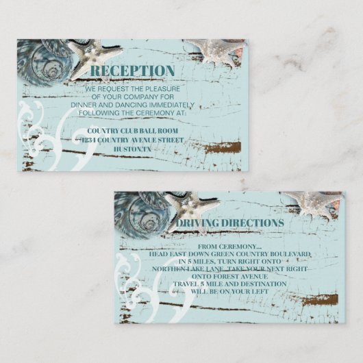 Aqua Blue Seashell Beach bruiloft detail Informatiekaartje (Voorkant / Achterkant)