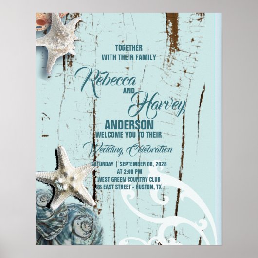 aqua blue seashell - strandbruiloft welkom poster (Voorkant)