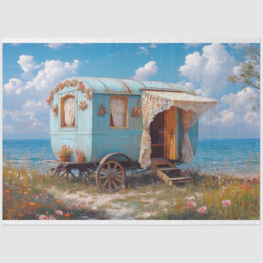 Aqua Blue Seaside Gypsy Caravan Decoupage Tissuepapier (Voorkant)