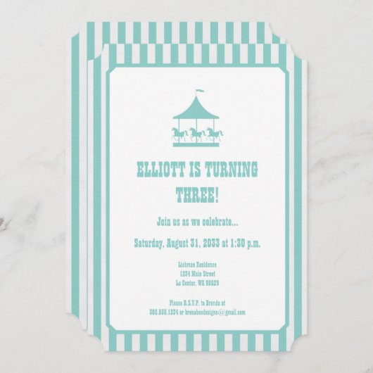 Aqua Blue Seersucker Carousel Uitnodiging (Voorkant / Achterkant)