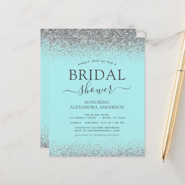 Aqua Blue Silver Glitter Bridal Shower (Voorkant / Achterkant in situ)