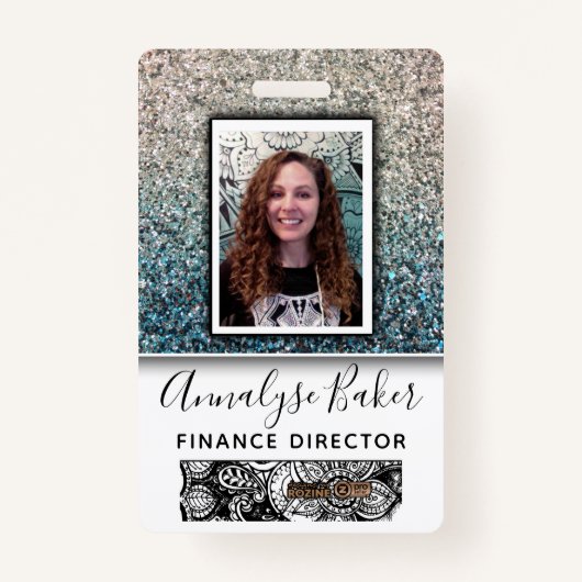 Aqua Blue Silver Glitter Employee Nurse Photo Name Badge (Voorkant)