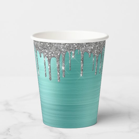 Aqua Blue Silver Glitter en Sparkle Monogram Papieren Bekers (Achterkant)
